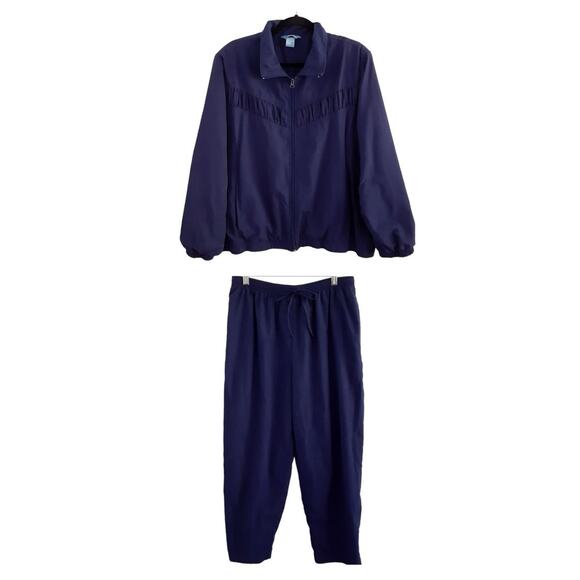 Vintage 80s Track Suit Set Navy Blue Full Zip Up Warm Ups Womens L/1X Retro - Picture 1 of 13
